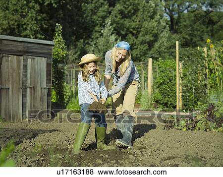 A woman and girl digging a garden View Large Photo Image Stock Photo - A woman and girl digging a garden. Fotosearch