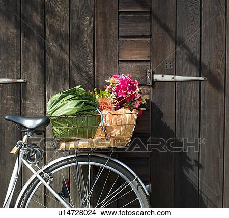 Picture - Cropped bike basket containing shopping. Fotosearch