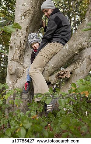 Stock Photo - Father and son up on a tree. Fotosearch