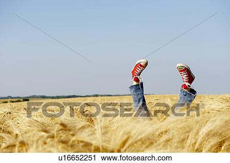 Stock Image - Feet sticking out from a wheat field. Fotosearch