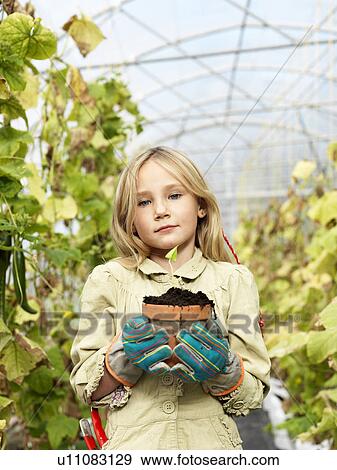 Girl with plant in green house View Large Photo Image Stock Photo - Girl with plant in green house. Fotosearch