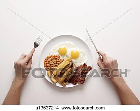 Hands next to plate of fried breakfast View Large Photo Image Picture - Hands next to plate of fried breakfast. Fotosearch