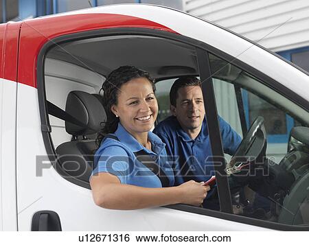 man and woman in delivery van View Large Photo Image Stock Photograph - man and woman in delivery van. Fotosearch