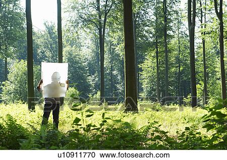 Stock Image - Man in the woods, looking at blueprint. Fotosearch