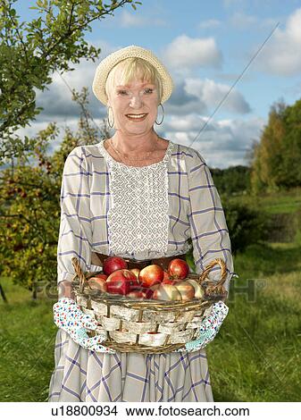 Picture - Mature woman with basket of apples. Fotosearch