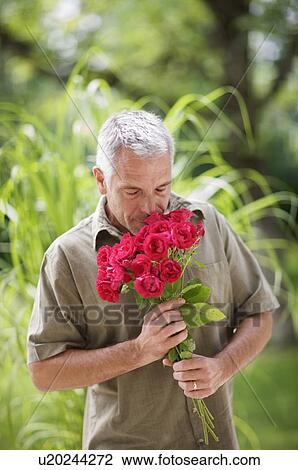 Stock Image - outdoor portrait of a man and roses. Fotosearch