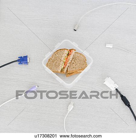 Stock Image - sandwich box and unplugged cables. Fotosearch