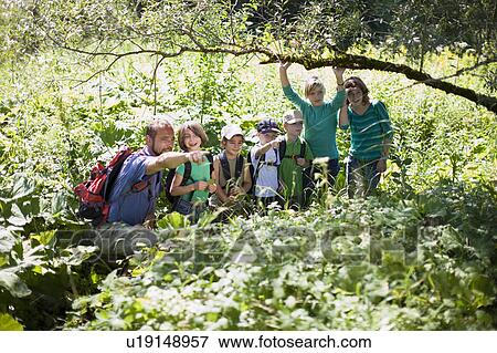 Stock Photo - teacher and pupils at the wood. Fotosearch