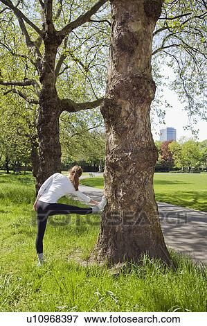A young woman warming up before jogging View Large Photo Image Stock Photo - A young woman warming up before jogging. Fotosearch