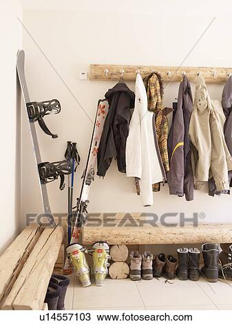Boots and coats in chalet cloakroom View Large Photo Image Stock Image - Boots and coats in chalet cloakroom. Fotosearch