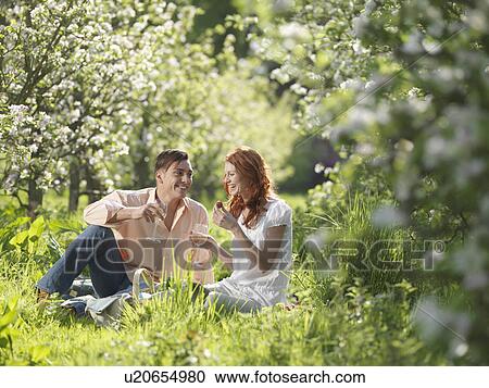 Stock Image - Couple Having Picnic In Orchard. Fotosearch