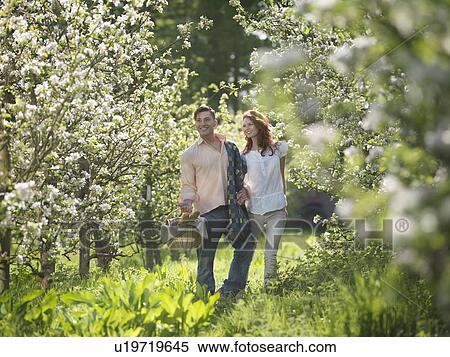 Couple With Picnic In Orchard View Large Photo Image Stock Photography - Couple With Picnic In Orchard. Fotosearch