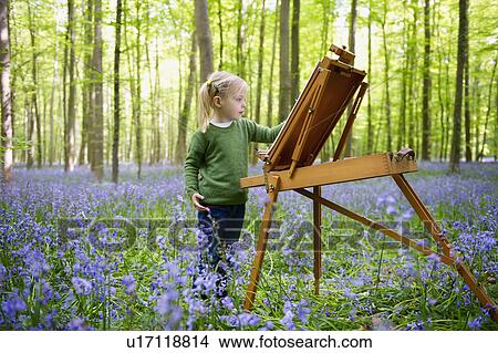 Picture - Girl painting in the forest. Fotosearch