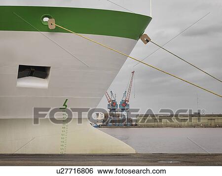 Stock Photograph - Green & White Ship At Port. Fotosearch