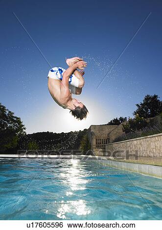Stock Photograph - man doing flip into pool. Fotosearch