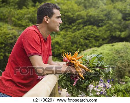 Stock Photo - Man in garden with vegetable crops. Fotosearch