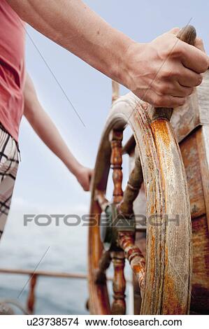 Picture - Man standing at wooden steering wheel. Fotosearch