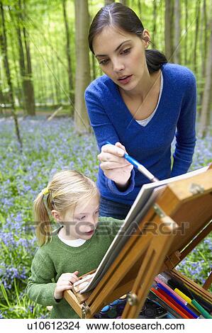 Mother and daughter painting, outdoors View Large Photo Image Picture - Mother and daughter painting, outdoors. Fotosearch