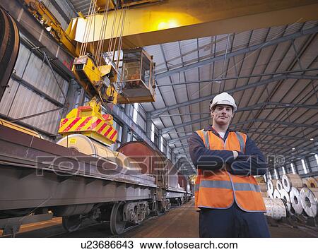 Stock Image - Port Worker In Front Of Train. Fotosearch