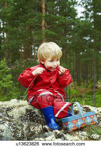 Stock Photograph - Toddler eating wild strawberries. Fotosearch