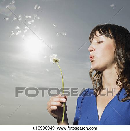 Woman blowing dandelion View Large Photo Image Stock Photo - Woman blowing dandelion. Fotosearch