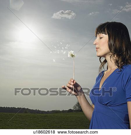Woman blowing dandelion View Large Photo Image Stock Photo - Woman blowing dandelion. Fotosearch