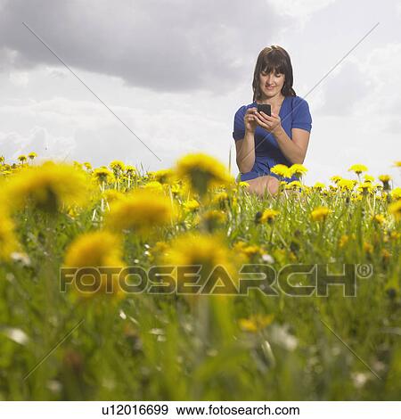 Woman on meadow with mobile phone View Large Photo Image Stock Photo - Woman on meadow with mobile phone. Fotosearch