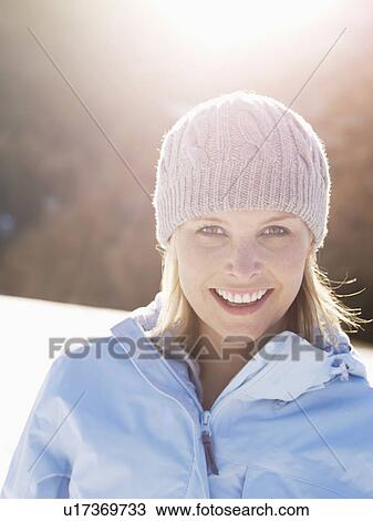 woman smiling portrait in snow View Large Photo Image Stock Image - woman smiling portrait in snow. Fotosearch