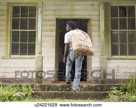 Stock Photo - Worker Carrying A Sack Of Coffee Beans. Fotosearch