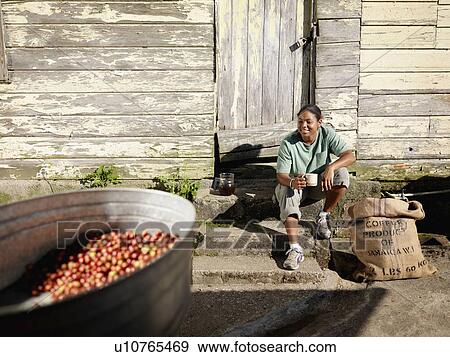 Worker Drinking Coffee With Coffee Beans View Large Photo Image Stock Photo - Worker Drinking Coffee With Coffee Beans. Fotosearch