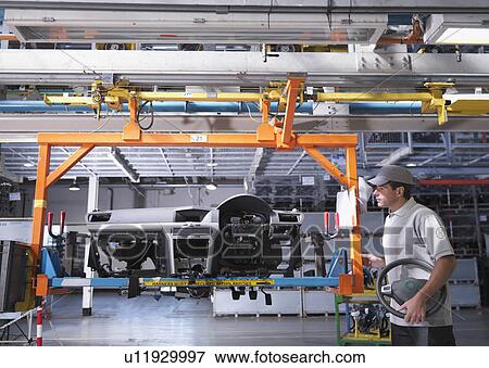 Stock Photo - Worker With Car Parts In Plant. Fotosearch