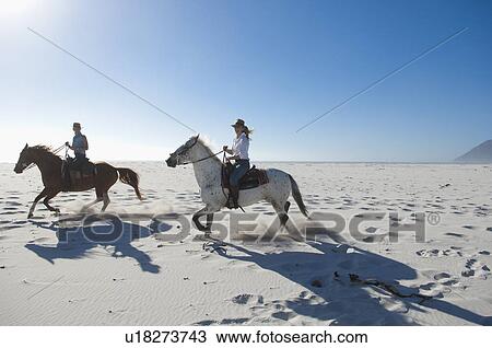 2 people riding horses in the sand View Large Photo Image Stock Image - 2 people riding horses in the sand. Fotosearch