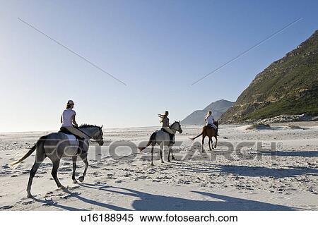 Stock Photography - 3 people riding horses on the beach. Fotosearch