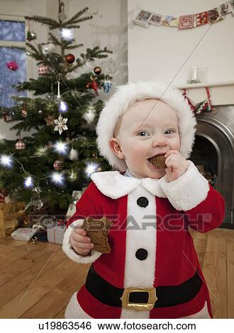 Stock Photograph - A baby dressed as Santa eating a biscuit. Fotosearch