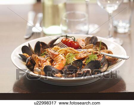 Bowl of prawns and mussels in restaurant View Large Photo Image Stock Photo - Bowl of prawns and mussels in restaurant. Fotosearch