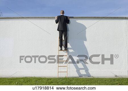Picture - Businessman on ladder looking over wall. Fotosearch