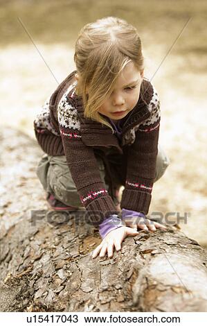 Girl climbing on log outdoors View Large Photo Image Stock Image - Girl climbing on log outdoors. Fotosearch