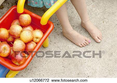 Stock Image - girls feet next to apples in wheelbarrow. Fotosearch