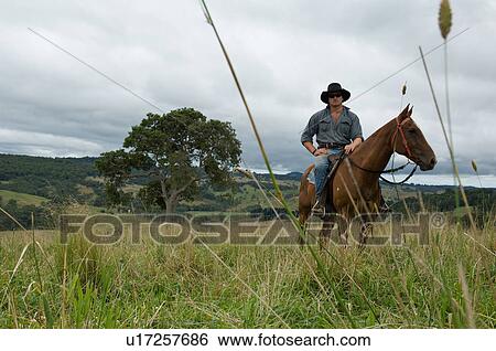 Stock Photograph - Man on horse in countryside. Fotosearch