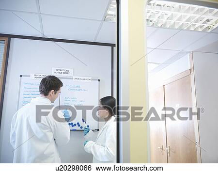 Stock Photograph - Scientists look at noticeboard. Fotosearch