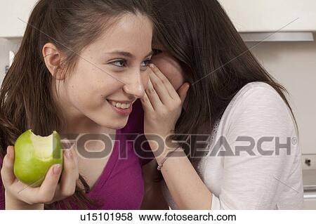 teenage girls eating an apple and sharing a secret View Large Photo Image Stock Photo - teenage girls eating an apple and sharing a secret. Fotosearch