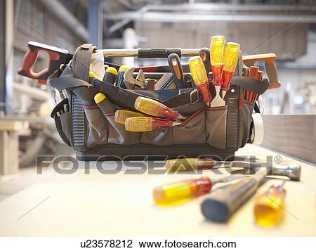 Stock Image - Tool kit in woodwork workshop. Fotosearch