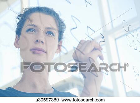 Woman writes on glass View Large Photo Image Stock Photo - Woman writes on glass. Fotosearch