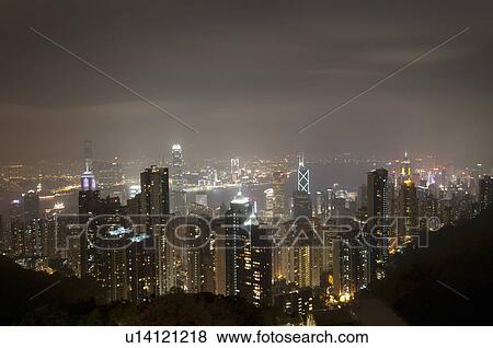Aerial view of city skyline at night View Large Photo Image Stock Photo - Aerial view of city skyline at night. Fotosearch