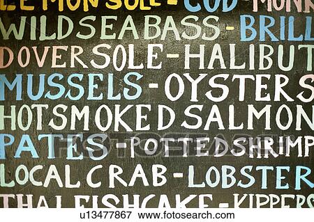 Blackboard with seafood varieties View Large Photo Image Stock Photo - Blackboard with seafood varieties. Fotosearch
