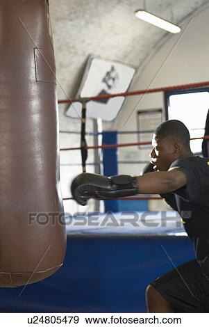 Boxer using punching bag in gym View Large Photo Image Stock Photo - Boxer using punching bag in gym. Fotosearch