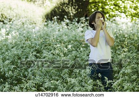Stock Photograph - Boy blowing his nose in field of flowers. Fotosearch