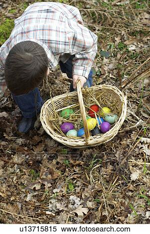 Boy collecting Easter eggs View Large Photo Image Stock Photography - Boy collecting Easter eggs. Fotosearch