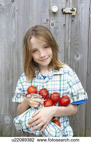 Stock Image - Child carrying tomatoes in shirt. Fotosearch