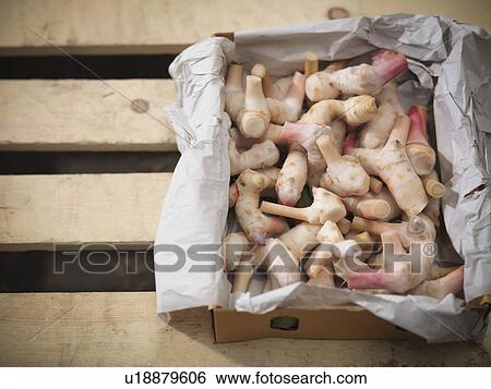 Stock Photograph - Close up of box of ginger roots. Fotosearch